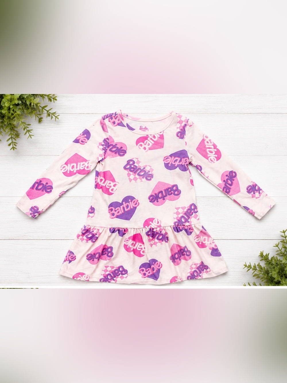 Barbie Girls Long Sleeve Logo Print Dress Pink Purple Size 4T